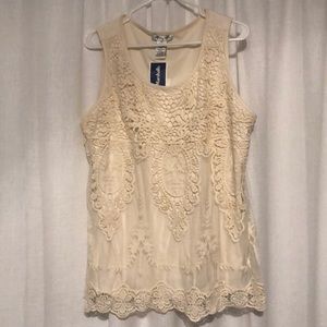 Beautiful tank with sheer and crocheted overlay